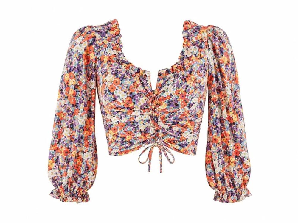 H&M Floral Print Long Sleeve Crop Top Ruched Drawstring Square Neck Blouse-XL